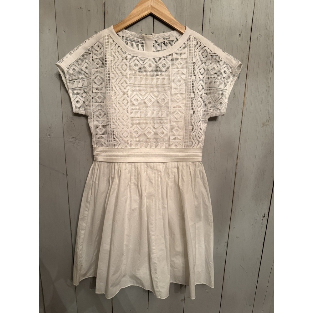 Madewell White Geo Lace Eyelet Pleated Cotton Blend Dress Sz-0 Graduation